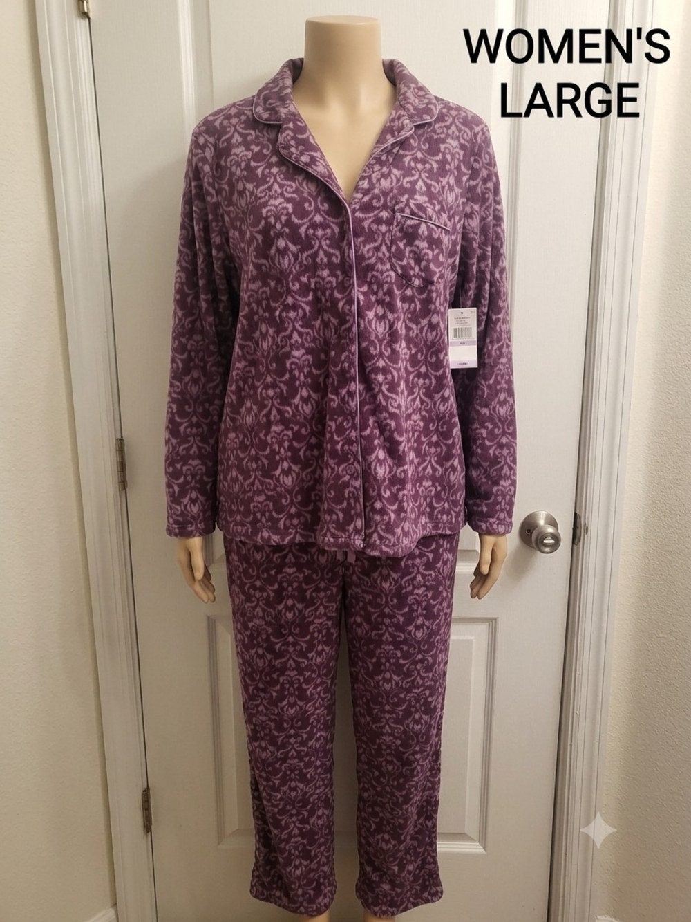 Croft & Barrow Intimates Fleece Pajama Set ( L )Purple Damask Button Up Pants